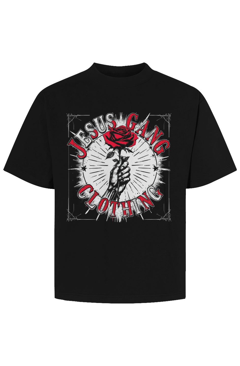 Mens Cropped Jesus Gang Red Rose Tee