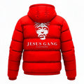 Jesus Gang Clothing red puffer jacket with graphic print and hood. Quilted design for warmth.