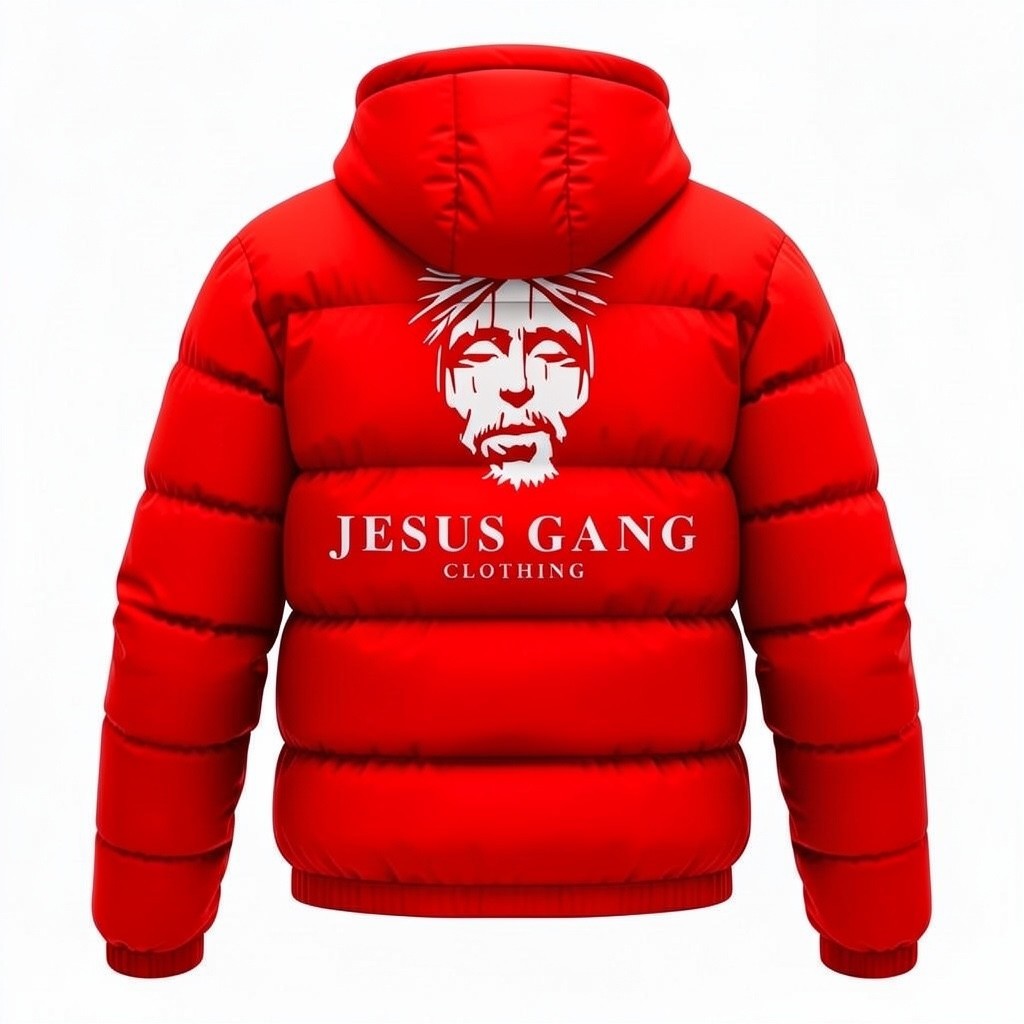 Jesus Gang Clothing red puffer jacket with graphic print and hood. Quilted design for warmth.
