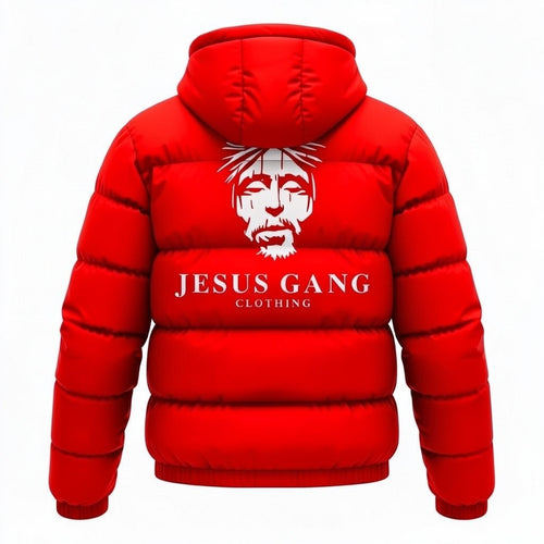 Jesus Gang Clothing red puffer jacket with graphic print and hood. Quilted design for warmth.
